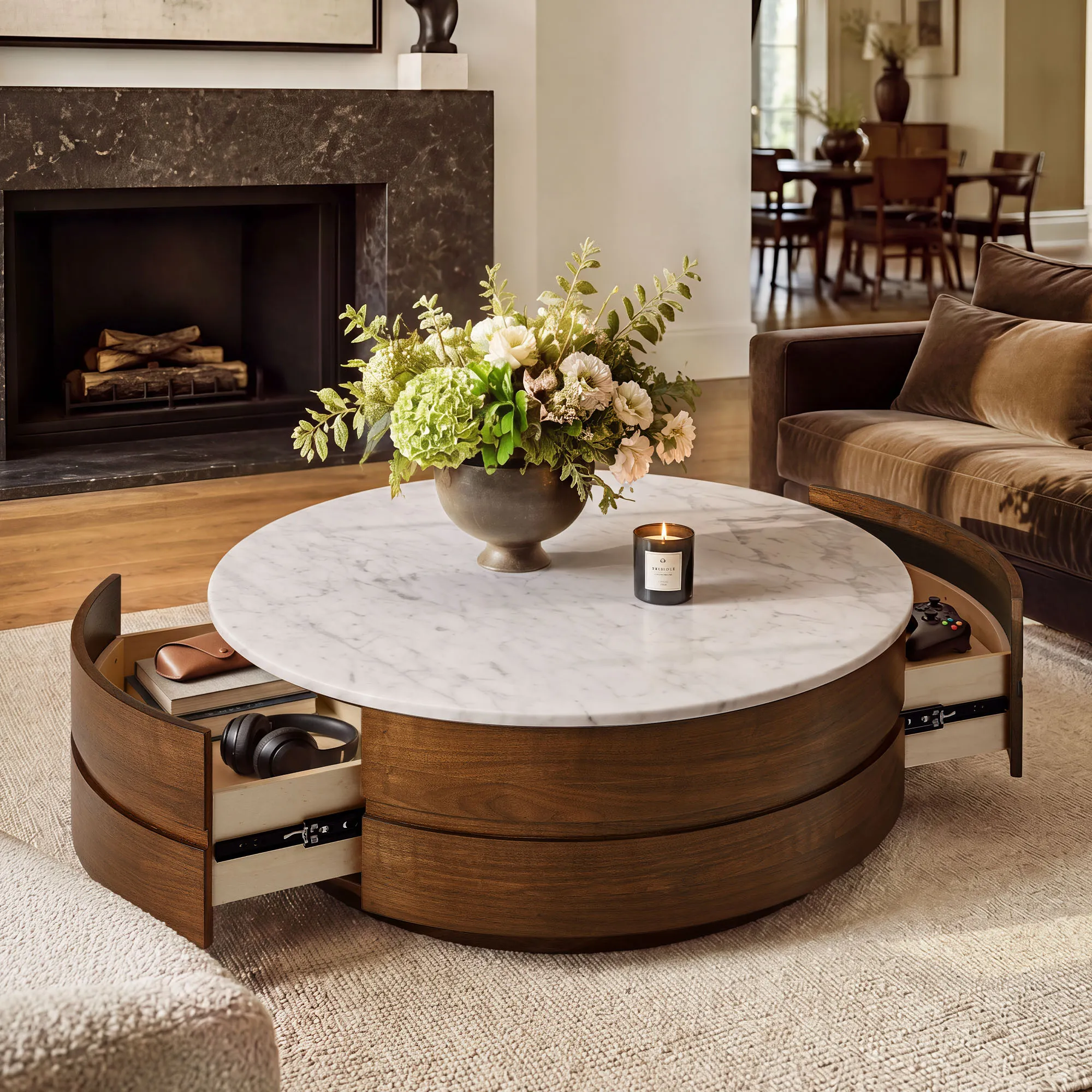 Verona Round Coffee Table with 2 Drawers - Walnut, Carrara Marble product