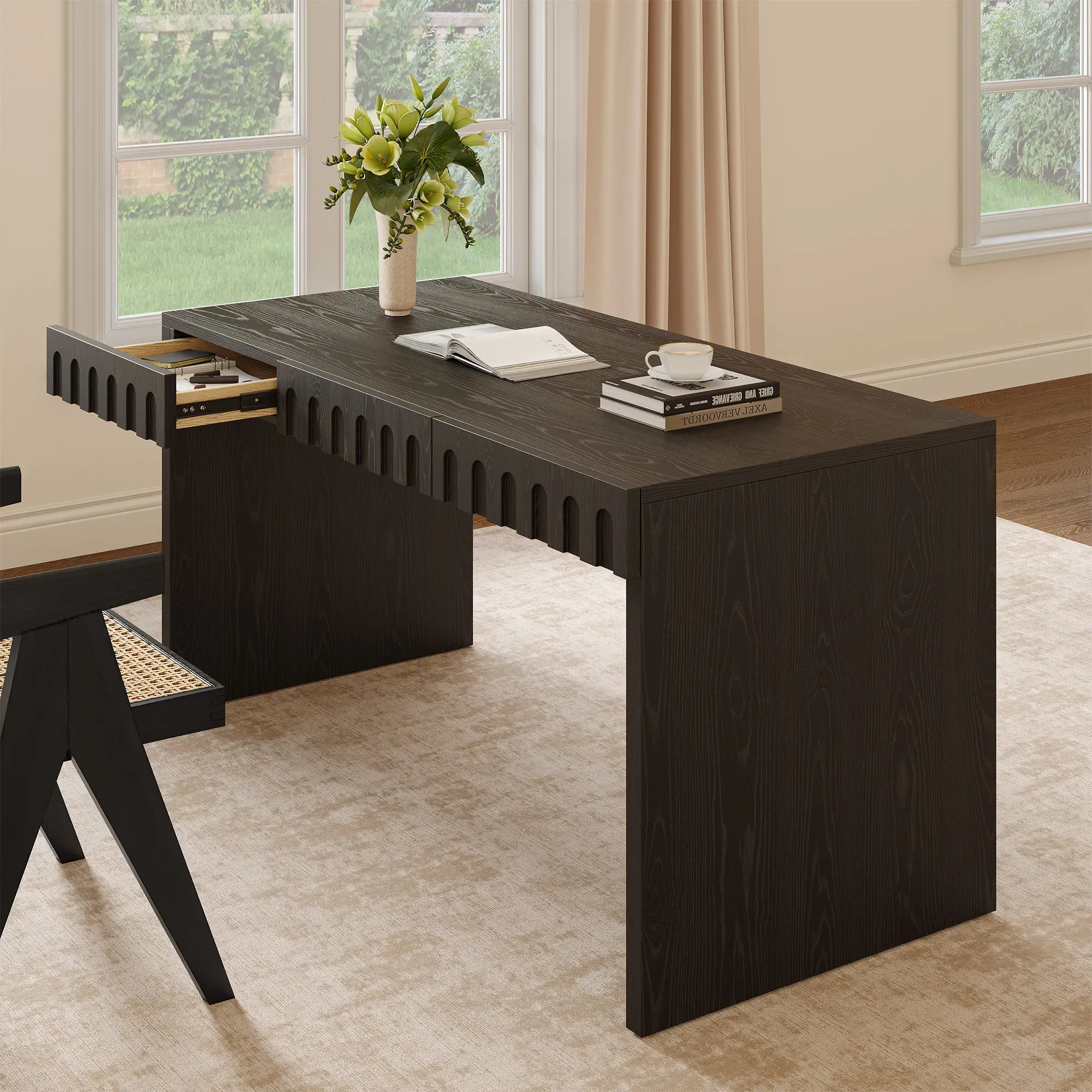 Vidar 60 Inch Office Desk with Storage Drawers - Black, Oak product