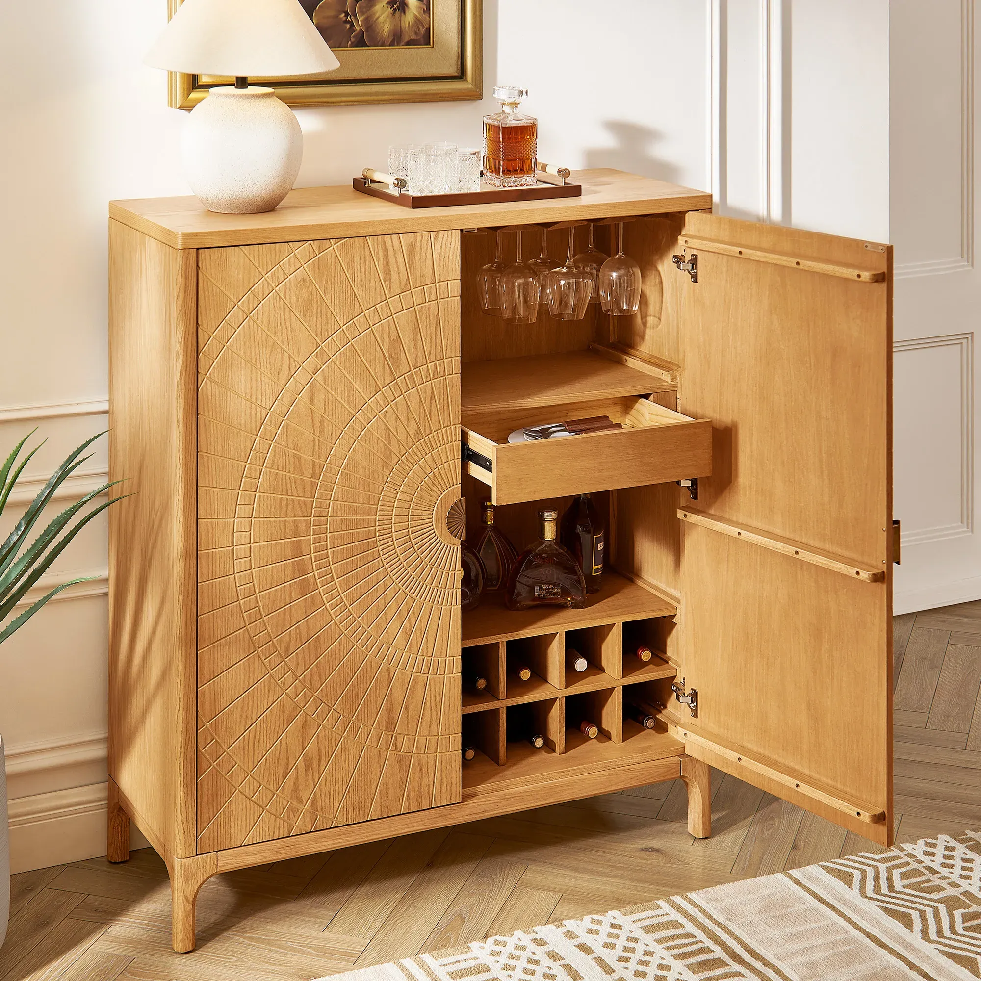 Vigdis Bar Cabinet with Drawers - Natural, Oak product