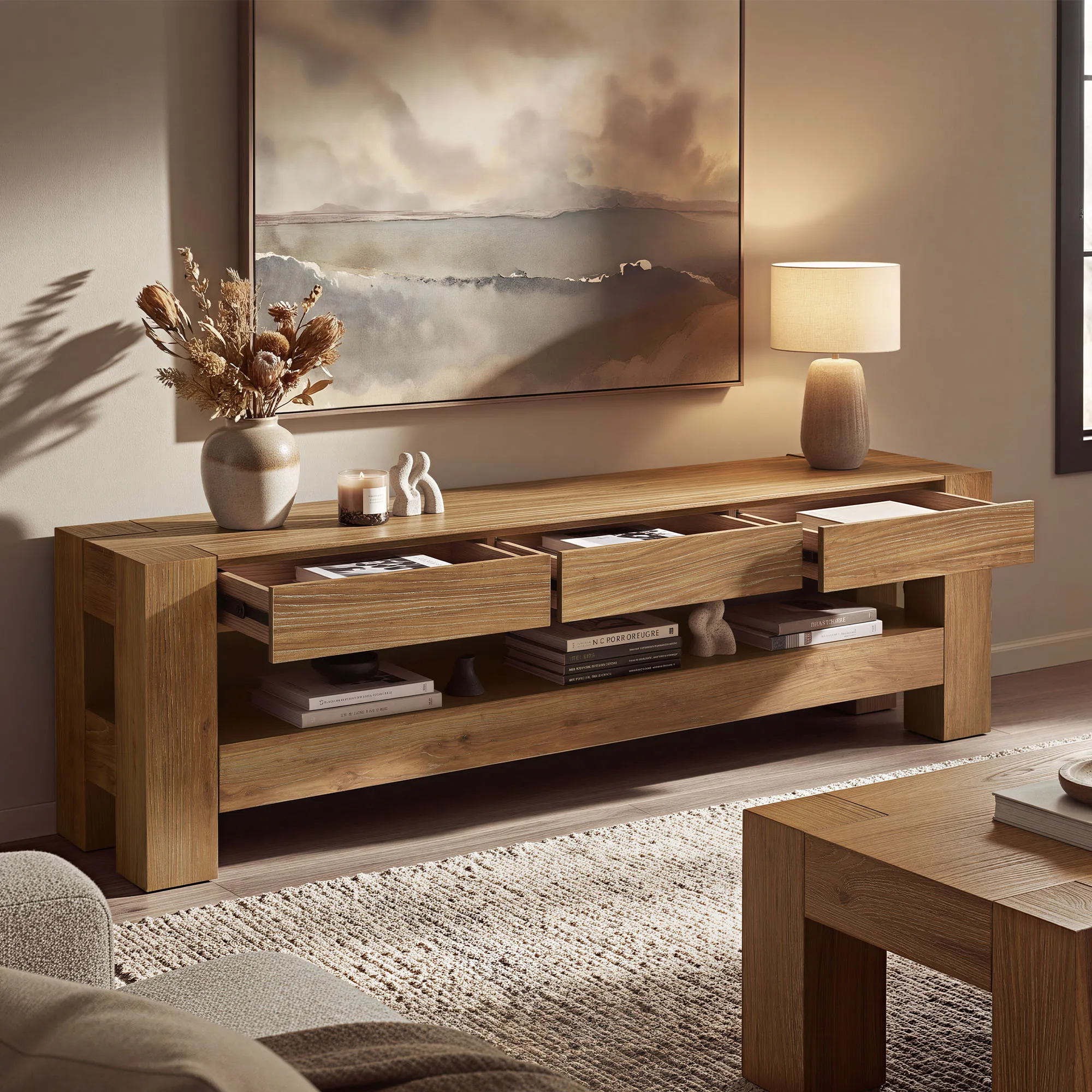 Woodie 84 Inch TV Stand with 3 Drawers - Light Brown, Old Elm product