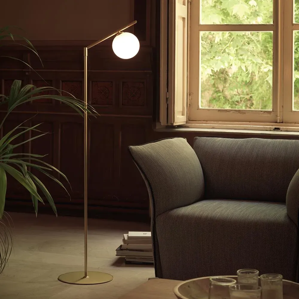 Endo Floor Lamp with Adjustable Arm - Matt Brass, Opal Glass