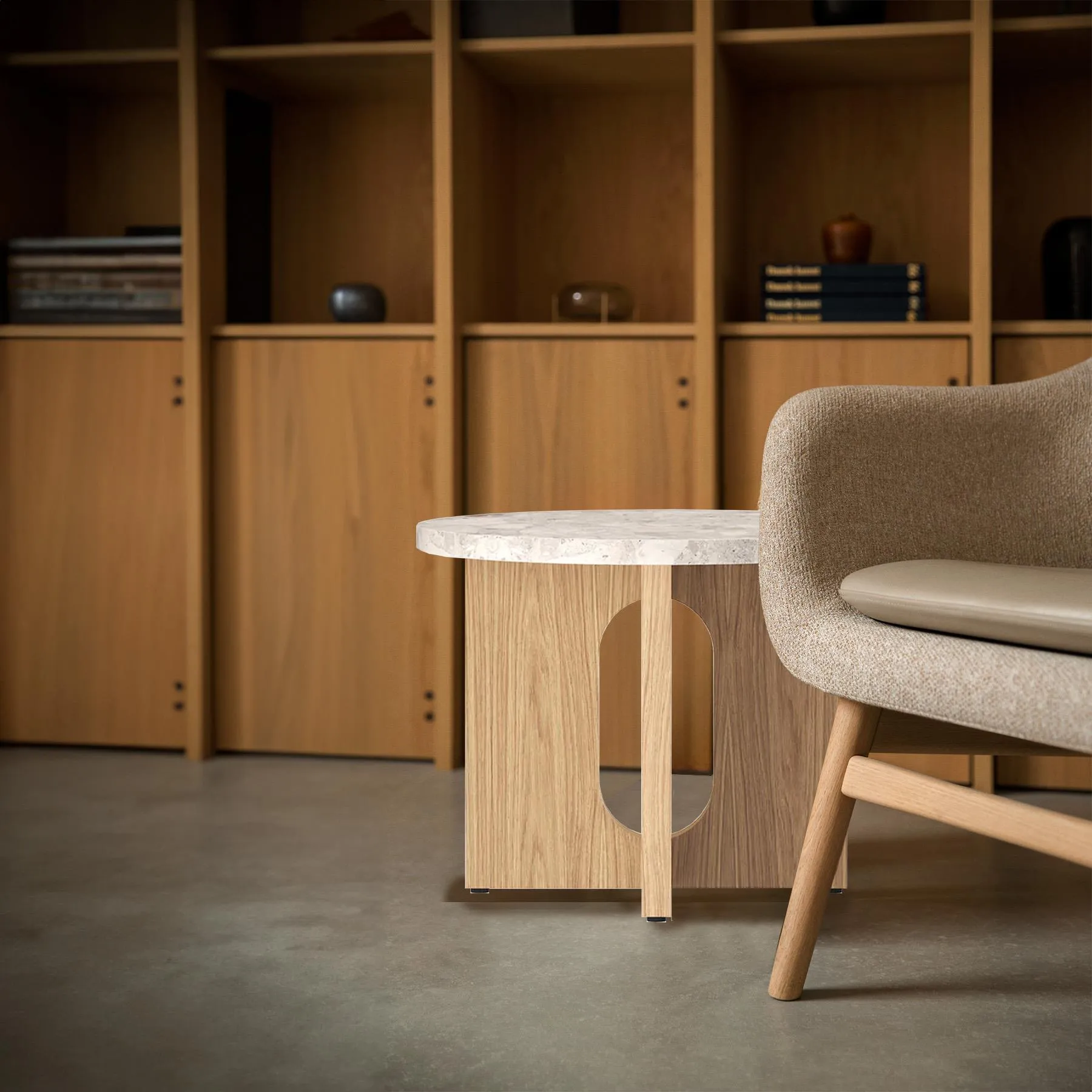 Androgyne Round Side Table - Kunis Breccia Stone, Dark Oak