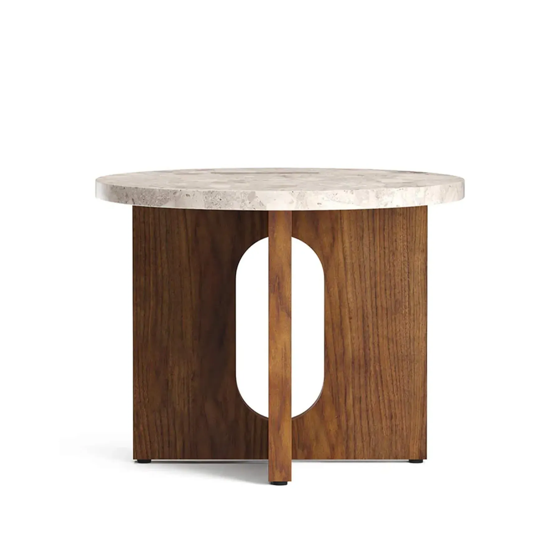 Androgyne Round Side Table - Kunis Breccia Stone, Walnut