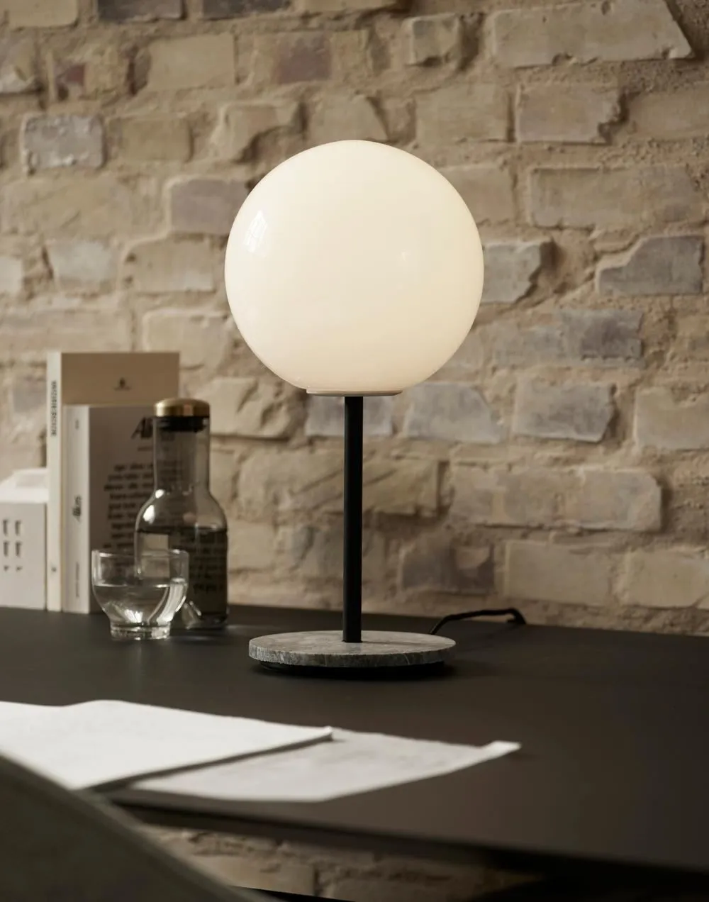 Spherical Table Lamp with Dimmer - Brass, Opal Glass