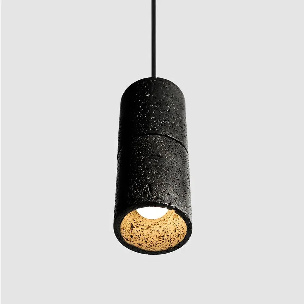 Cylindrical Pendant Light - Brass, Lava Stone