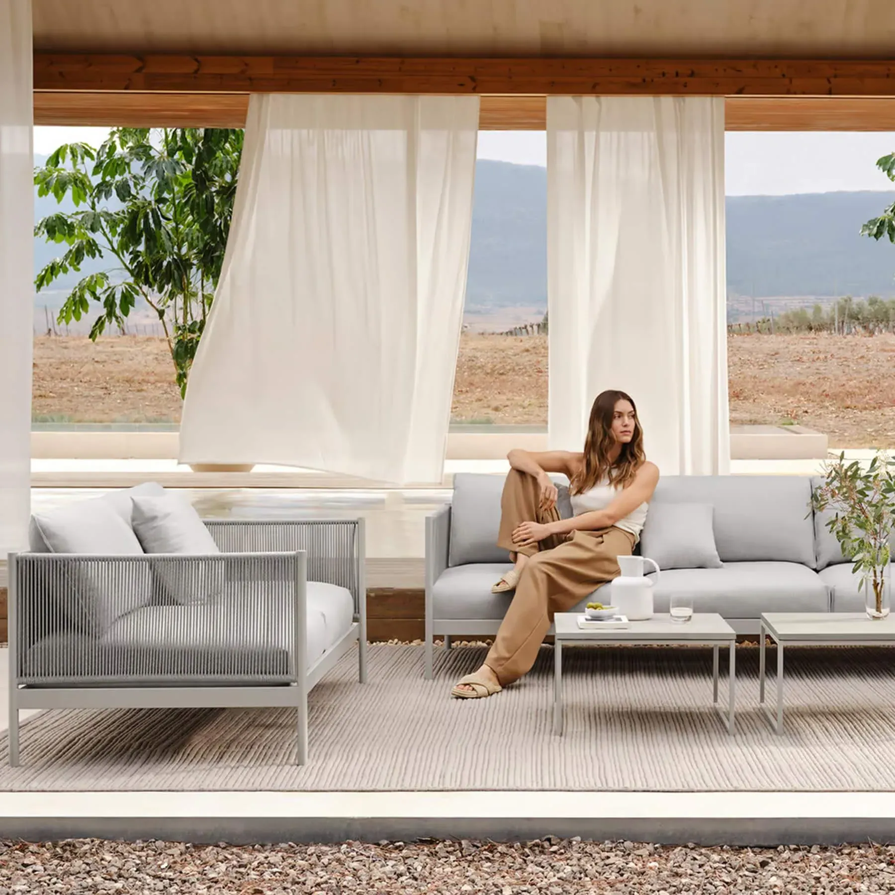 2-Seater Garden Sofa with Cord Arms - Light Grey