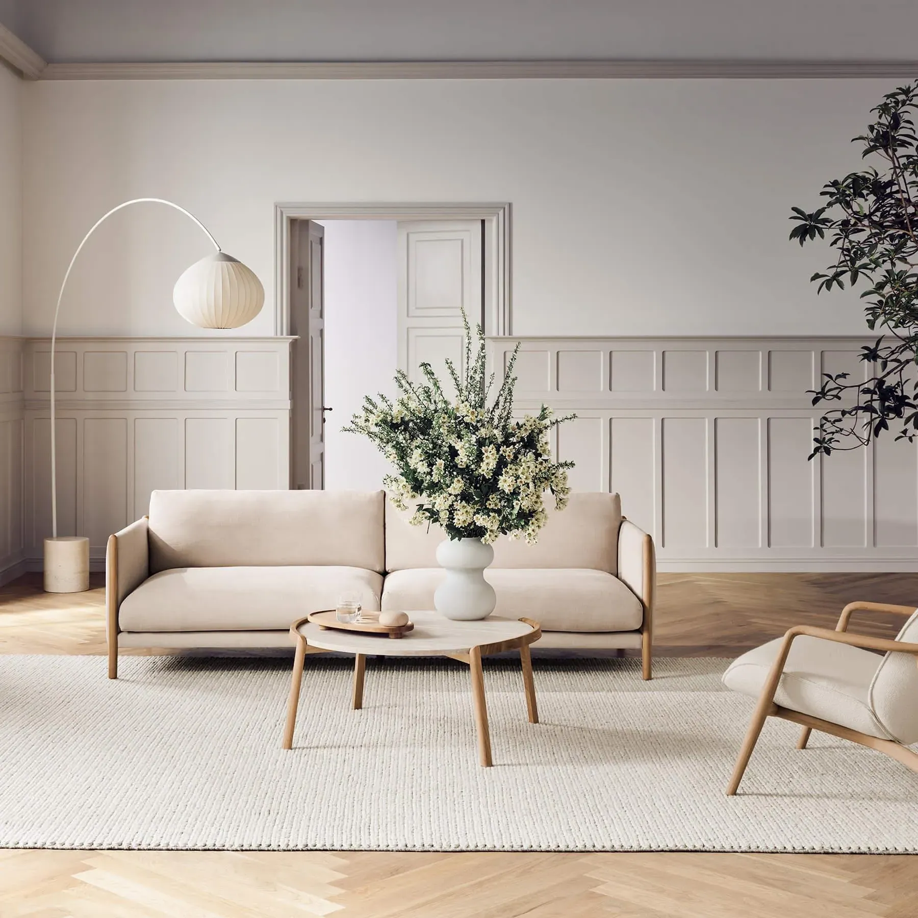 3-Seater Sofa with Oak Frame - Grey, Fabric