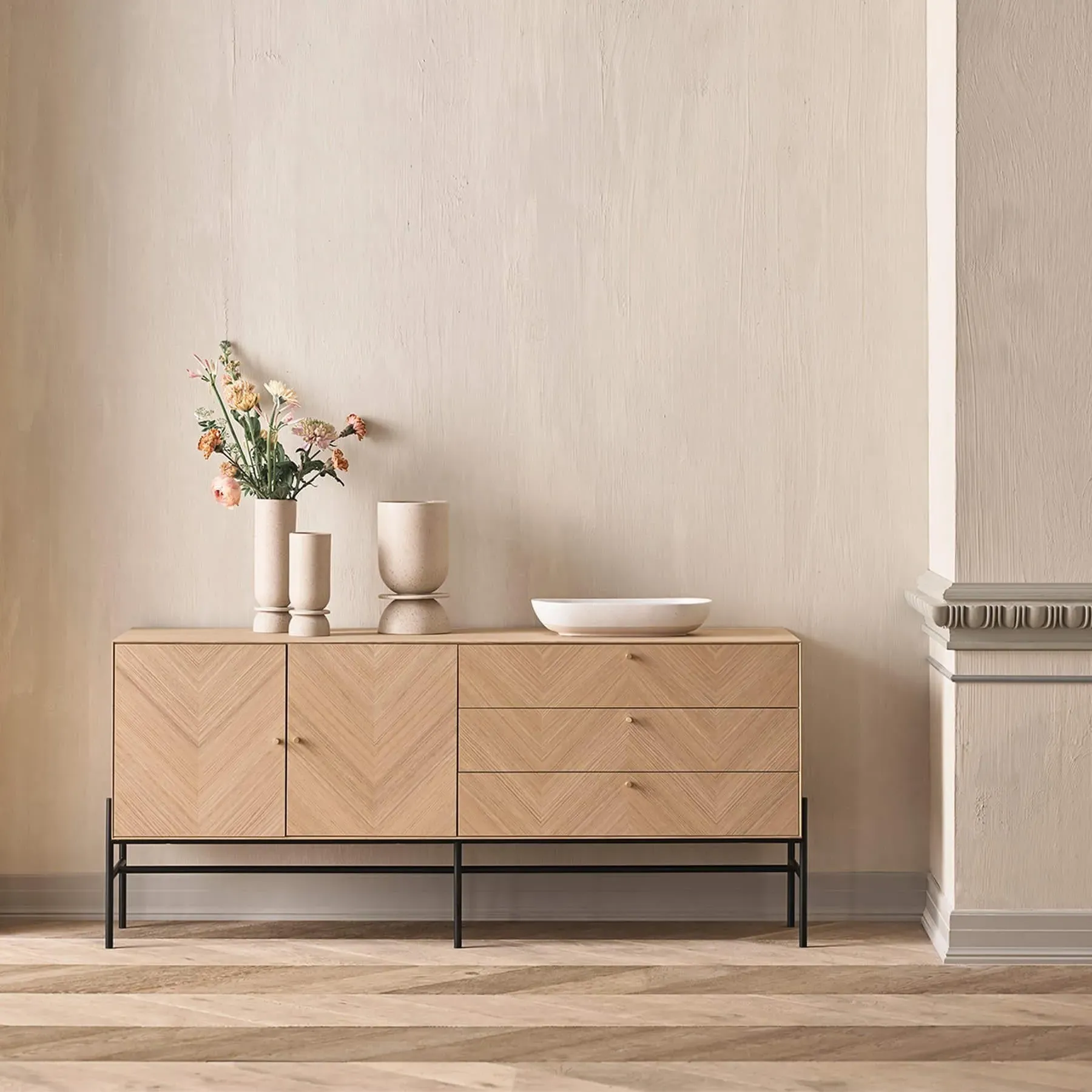 Sideboard with Herringbone Pattern - Oak Wood
