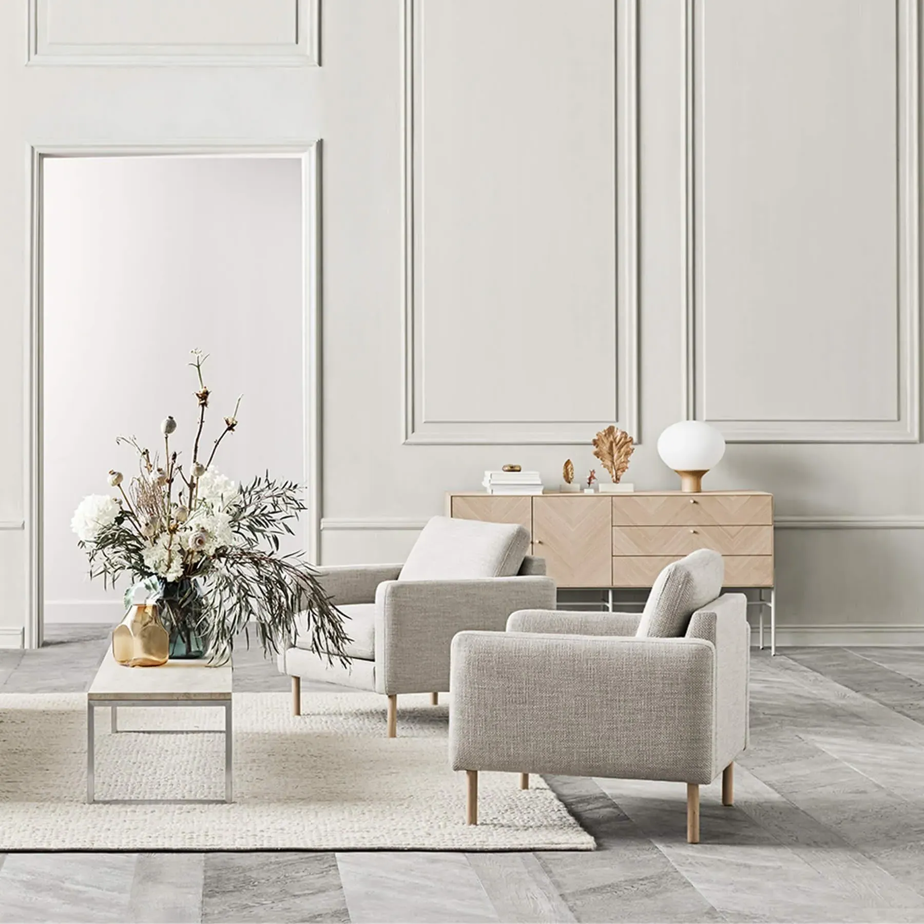 Sideboard with Herringbone Pattern - White, Oak