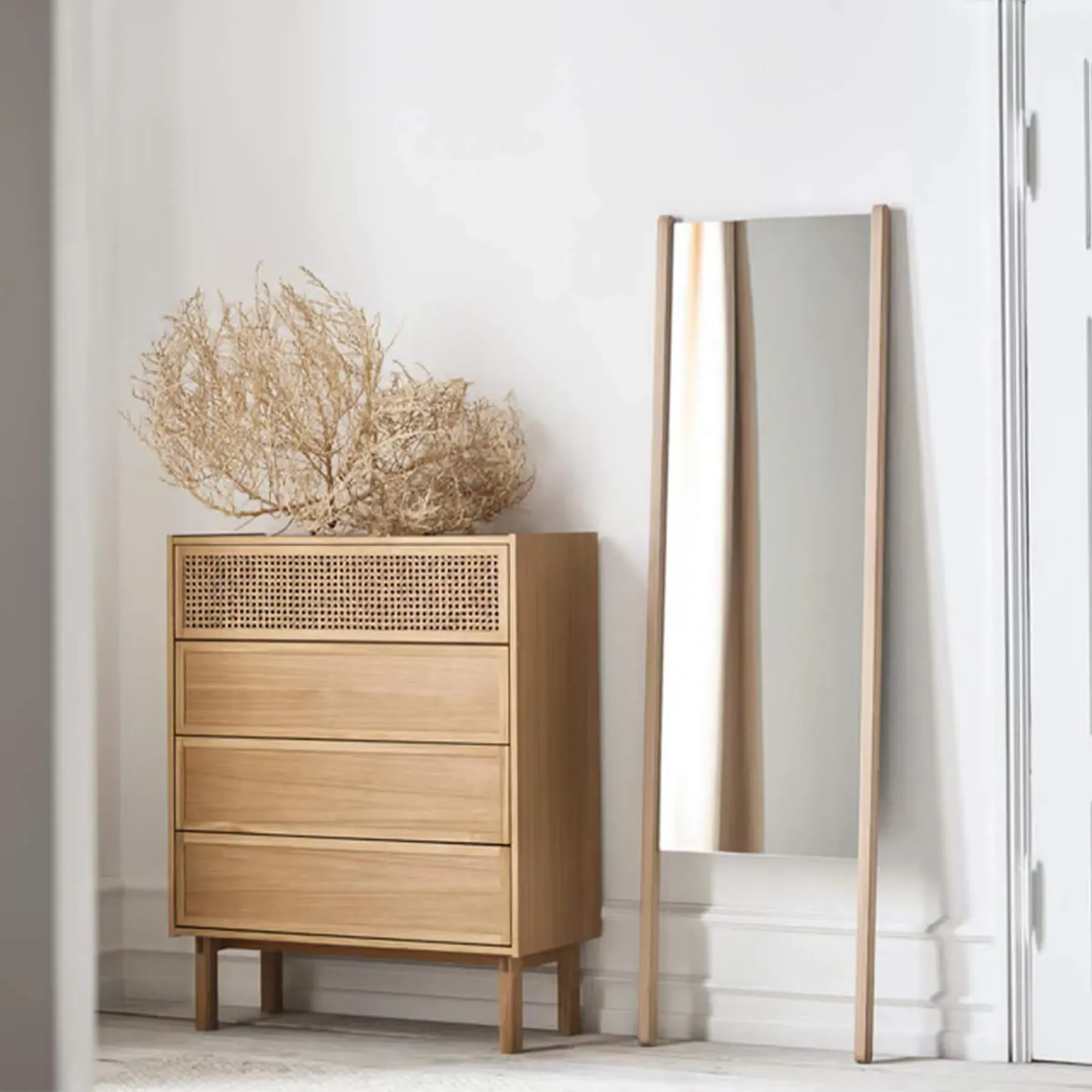 Small Dresser with Wicker Front - White, Oak