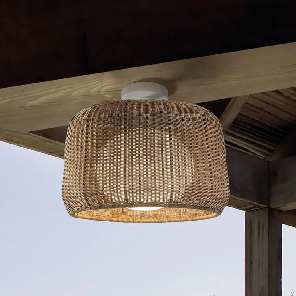 Outdoor Pendant Light with Wicker Shade - Beige