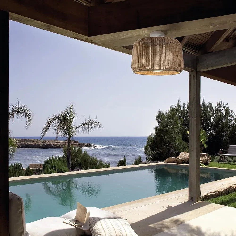 Outdoor Pendant Light with Wicker Shade - Brown