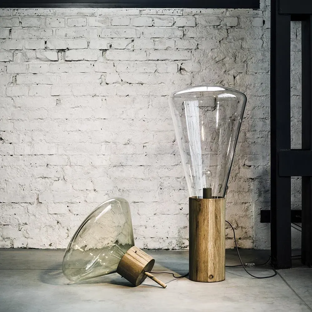 Floor Lamp with Glass Shade - Grey, Walnut