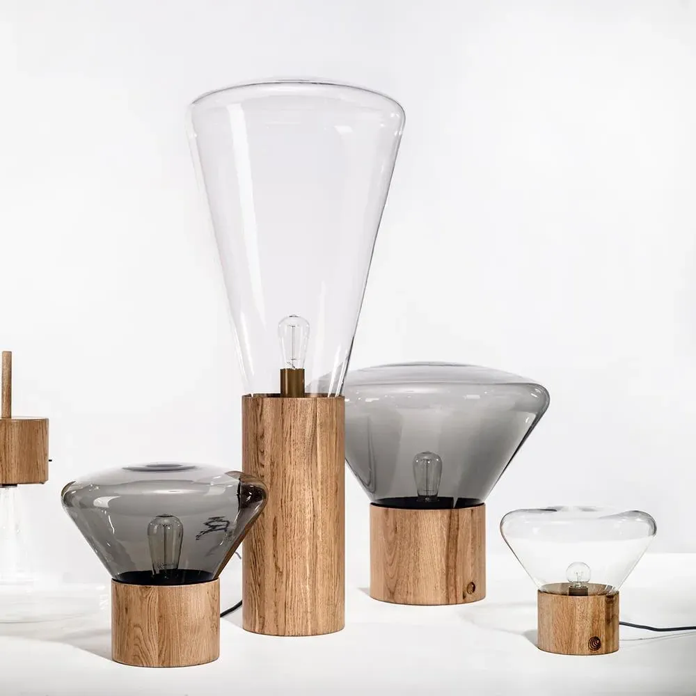 Large Table Light with Glass Shade - Amber, Walnut