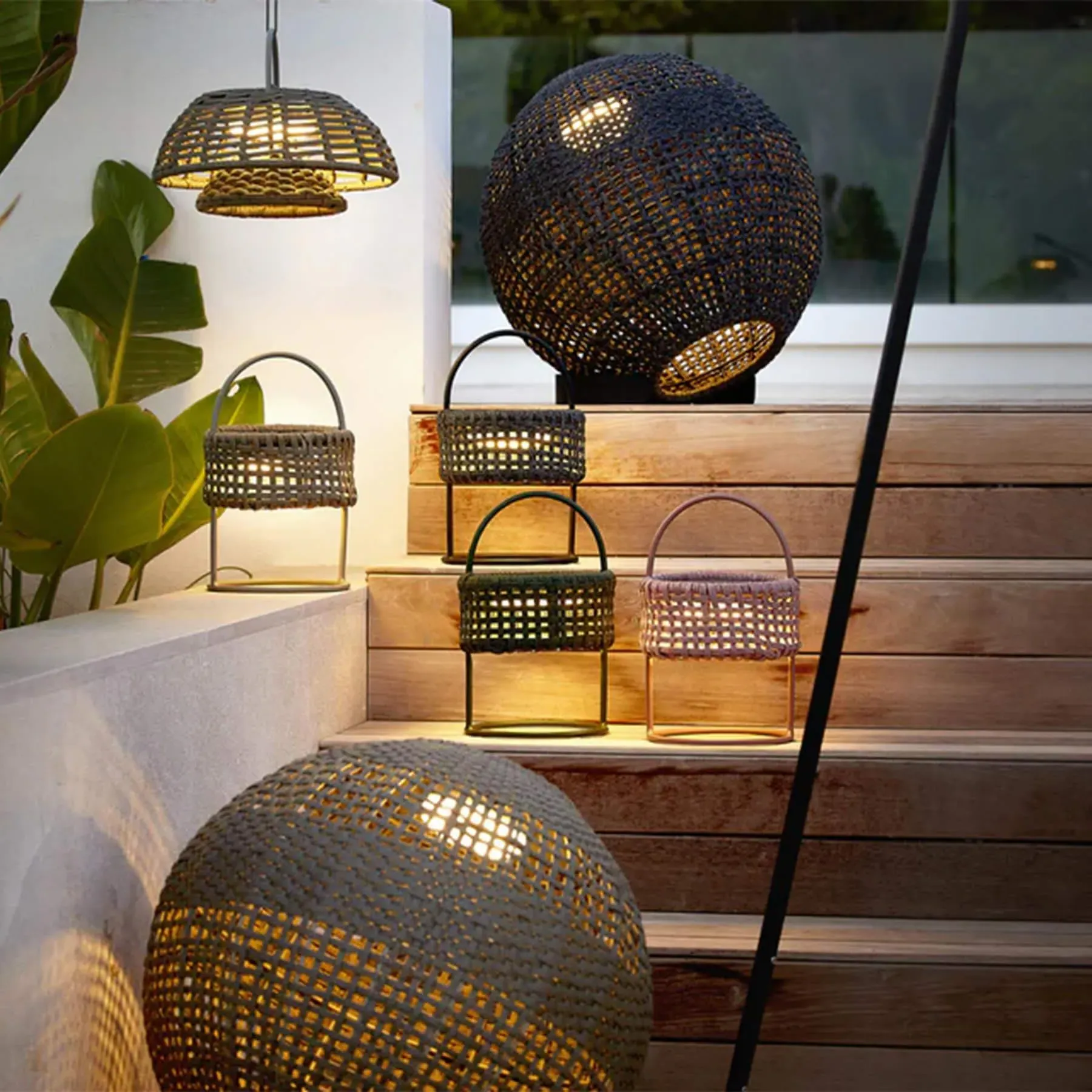 Illusion Round Garden Floor Lamp - Taupe, Soft Rope