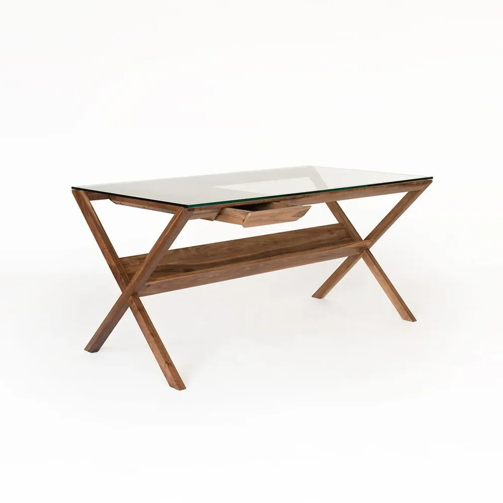 Office Desk with Glass Top - Oak, Solid Wood