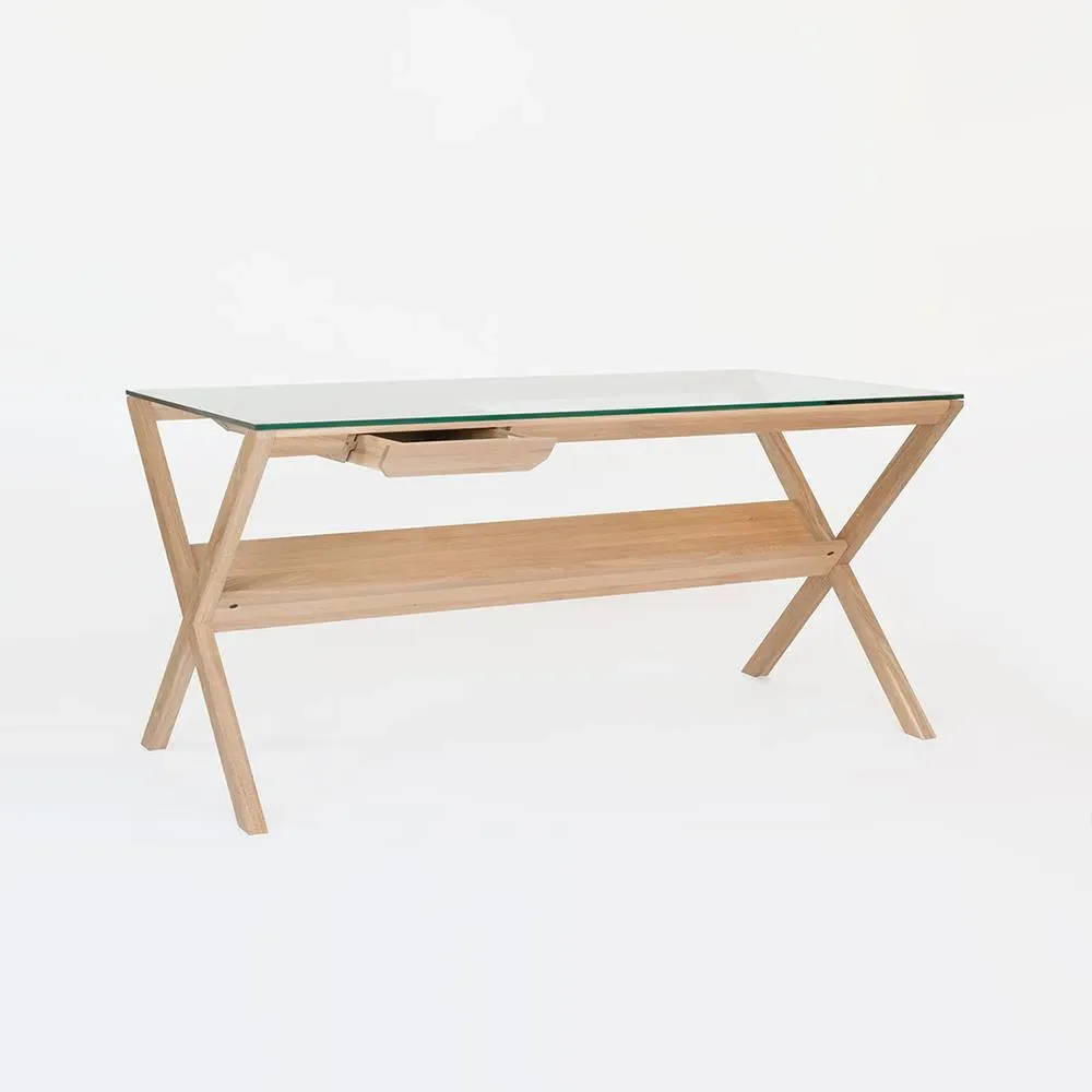 Office Desk with Glass Top - Oak, Solid Wood image