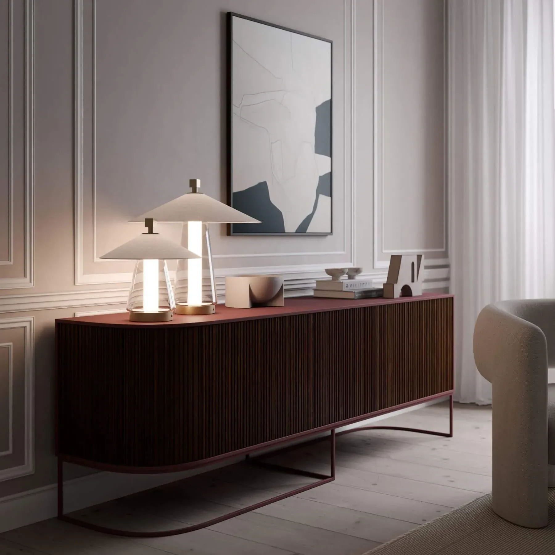 Small Table Lamp with Fabric Shade - Grey, Cotton