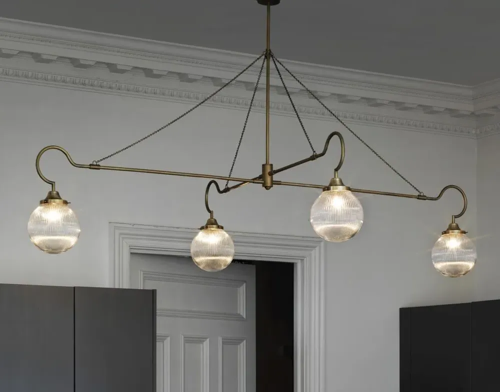 Floren Four Arm Pendant Light - Antique Brass, Glass