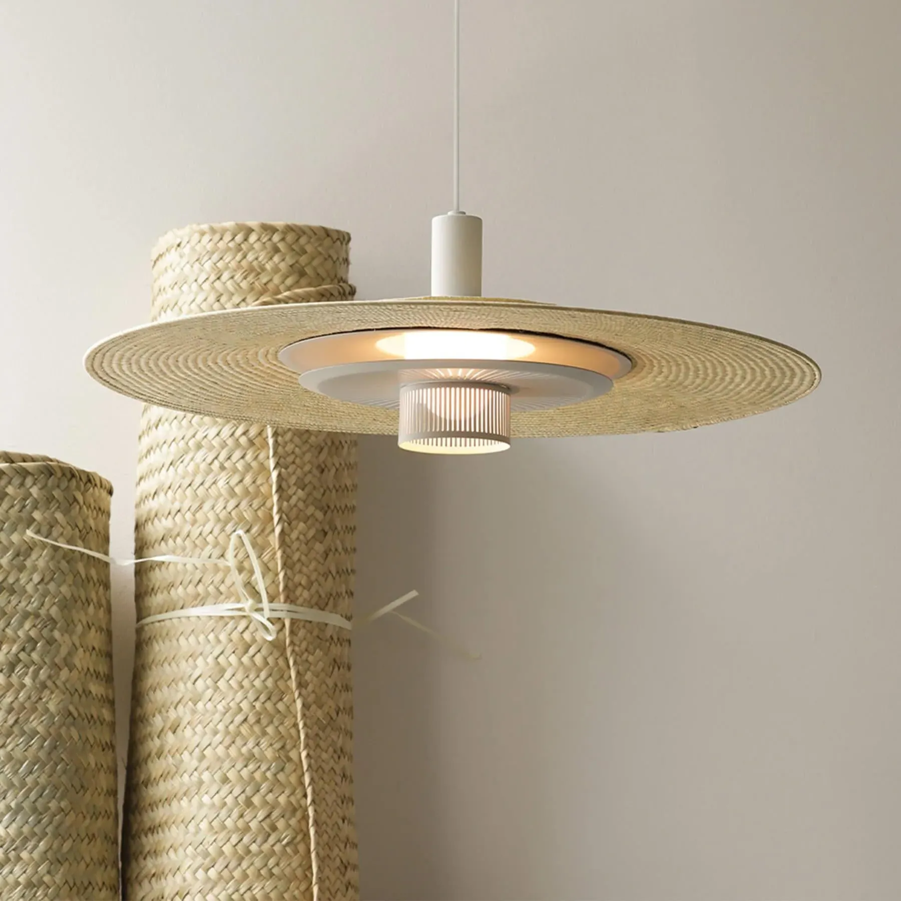 Pendant Light with Woven Shade - Beige, Metal image