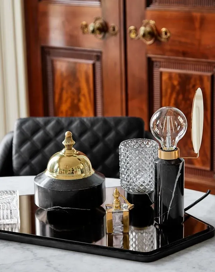 Table Lamp with Brass Shade - Black, Marble