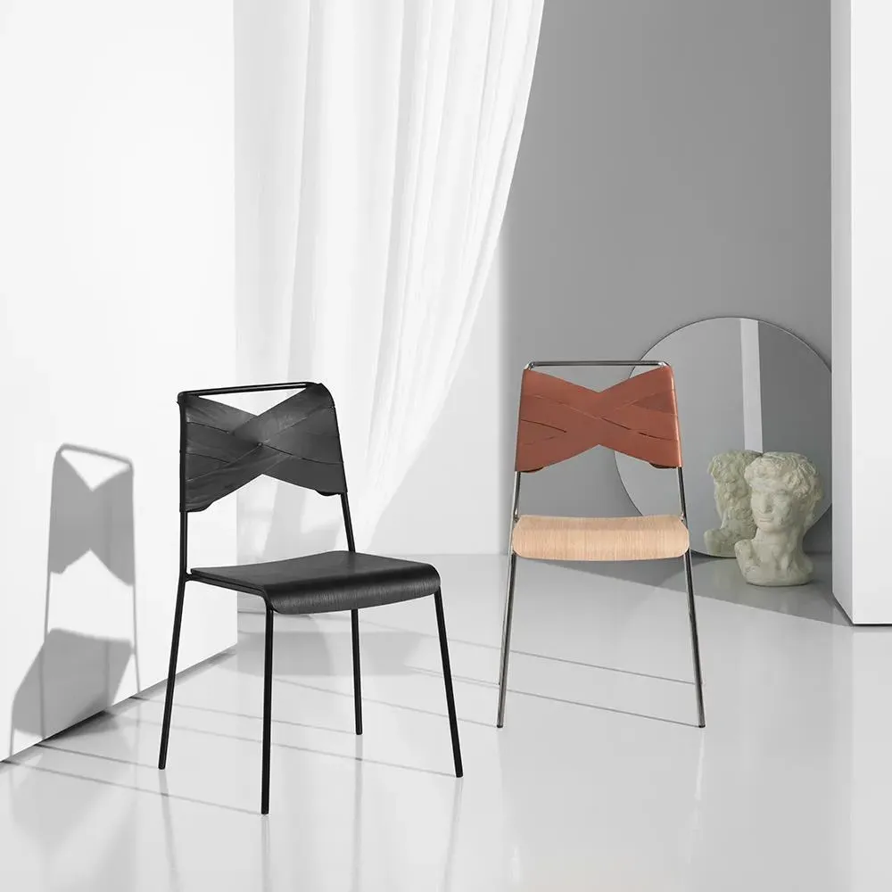 Dining Chair with Leather Seat - Cognac, Oak