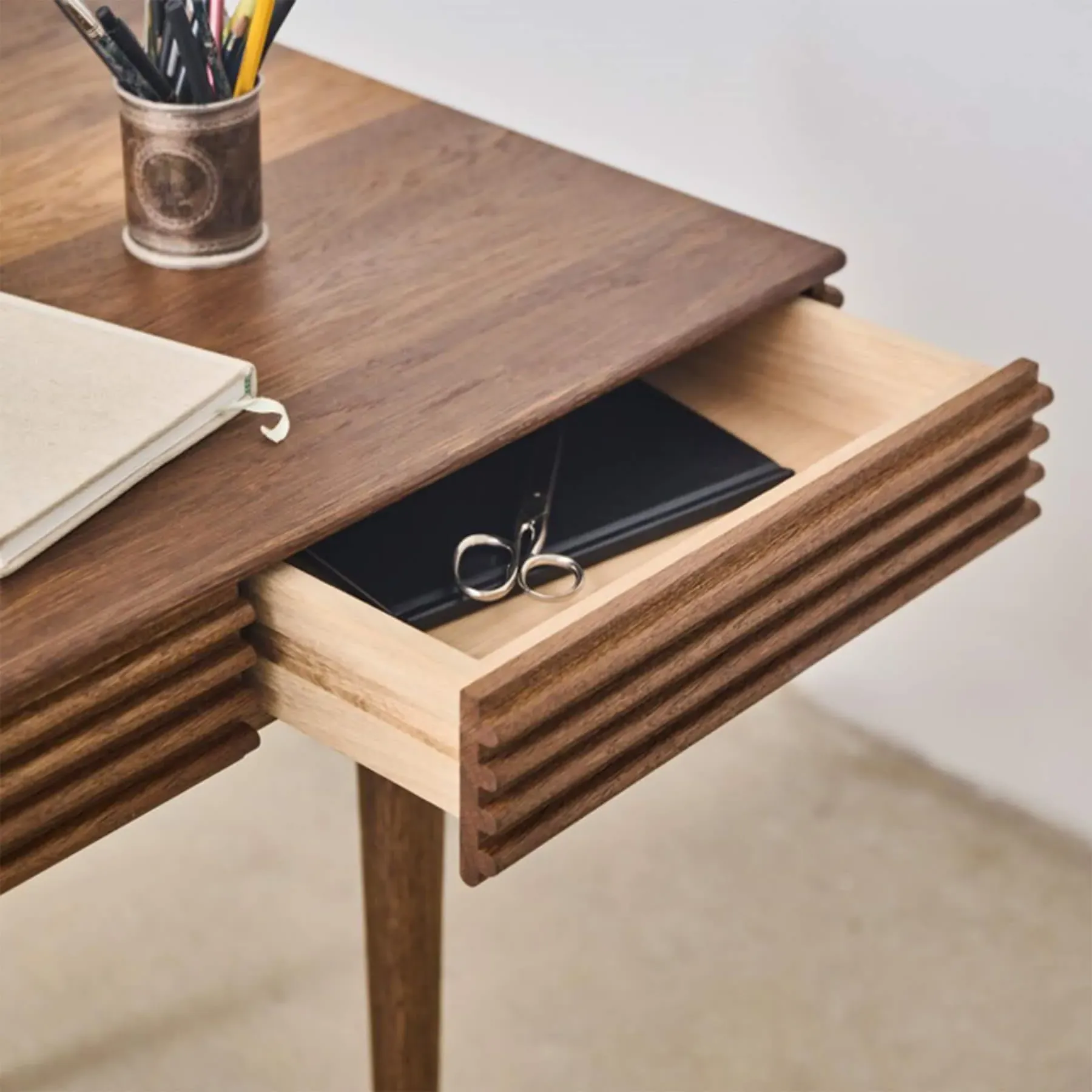 Groove Desk with Drawers - Smoked Oak, Solid Wood