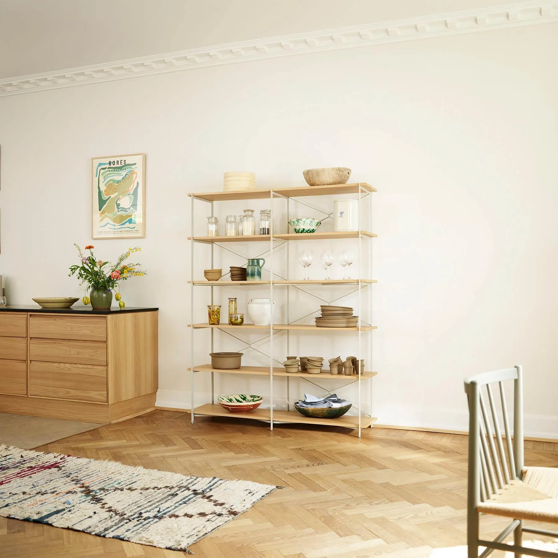 Low Narrow Shelving Unit - Oak, Metal Frame