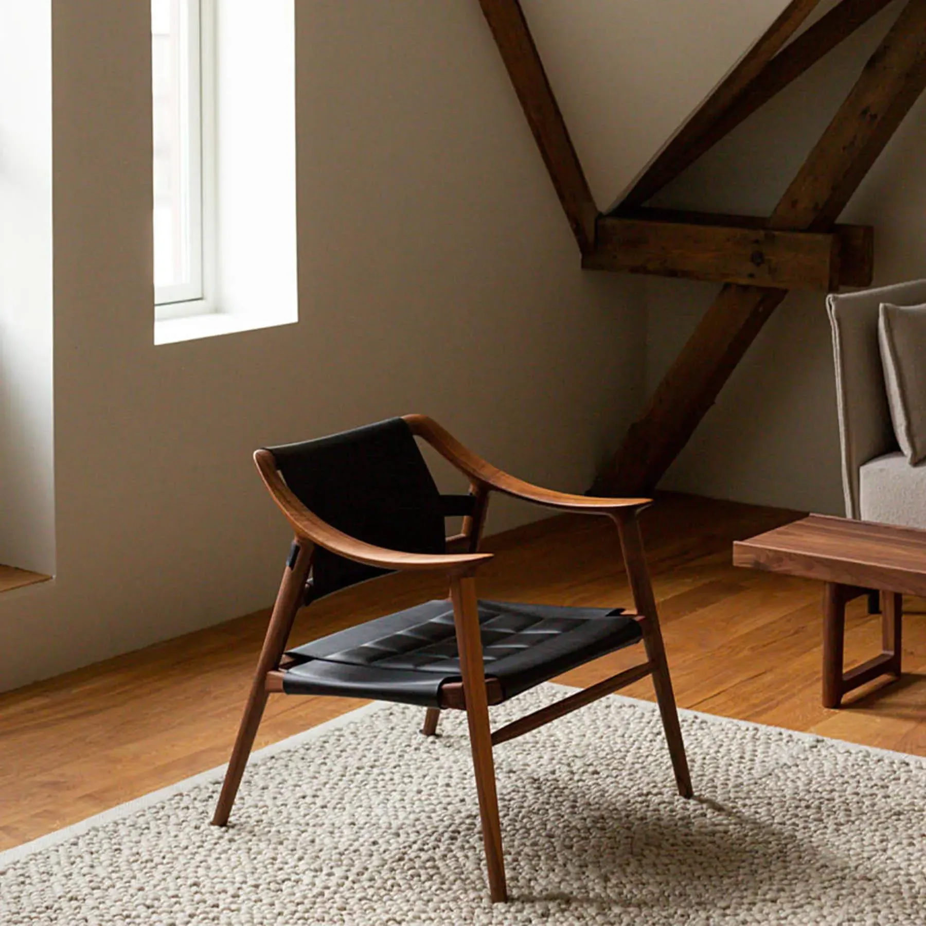 Lounge Chair with Leather Seat - Black, Walnut