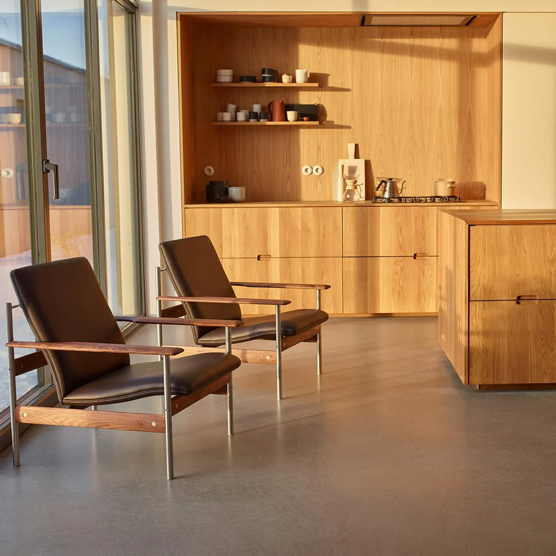 Lounge Chair with Steel Base - Brown, Leather