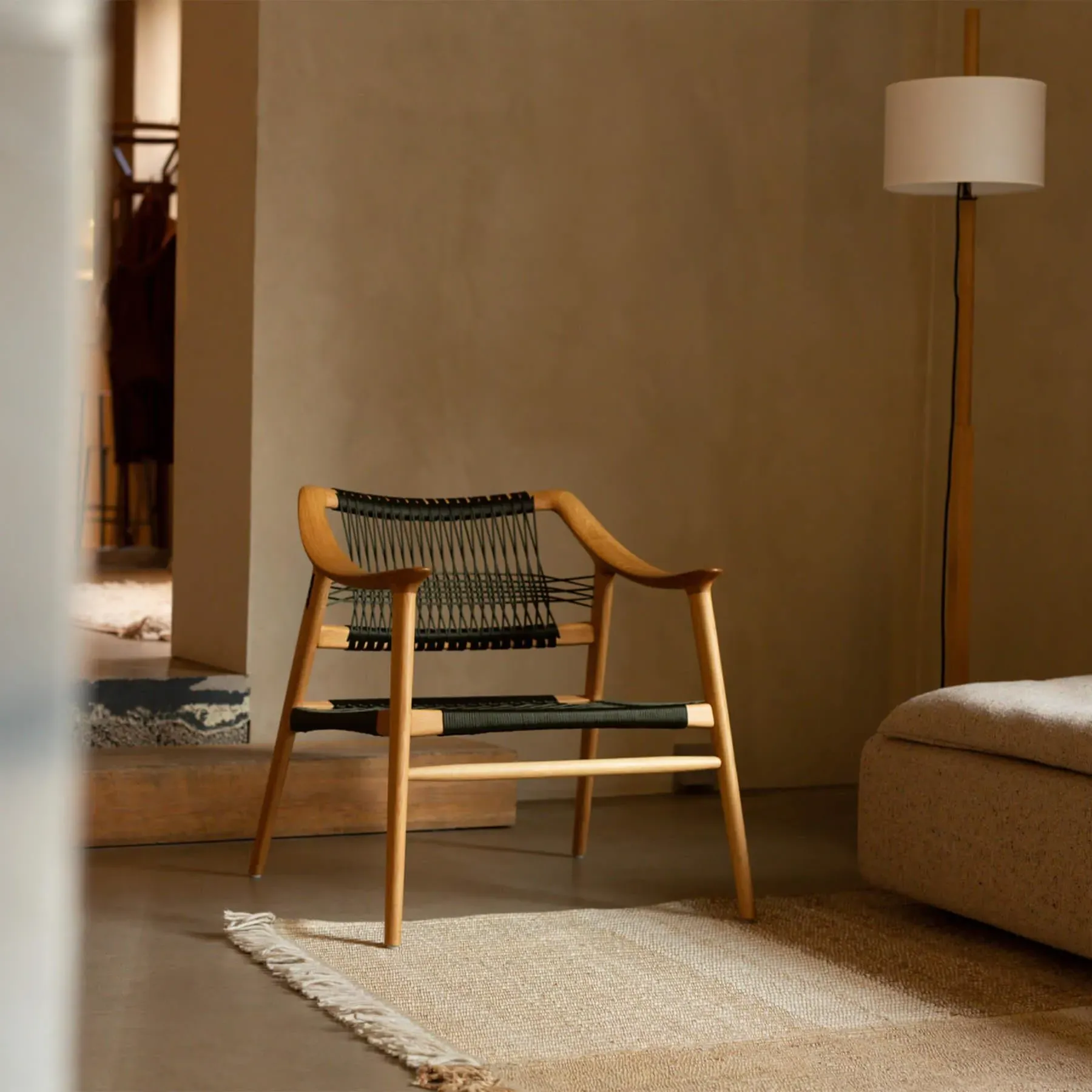 Lounge Chair with Woven Cord - Green, Walnut