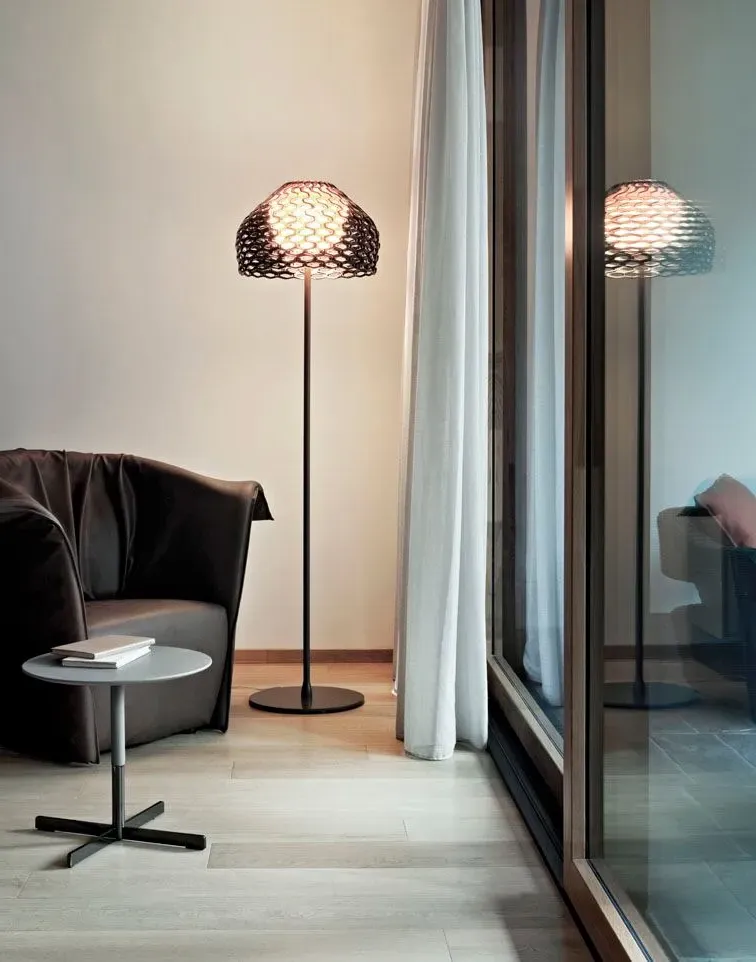 Floor Lamp with Woven Shade - Ochre Grey