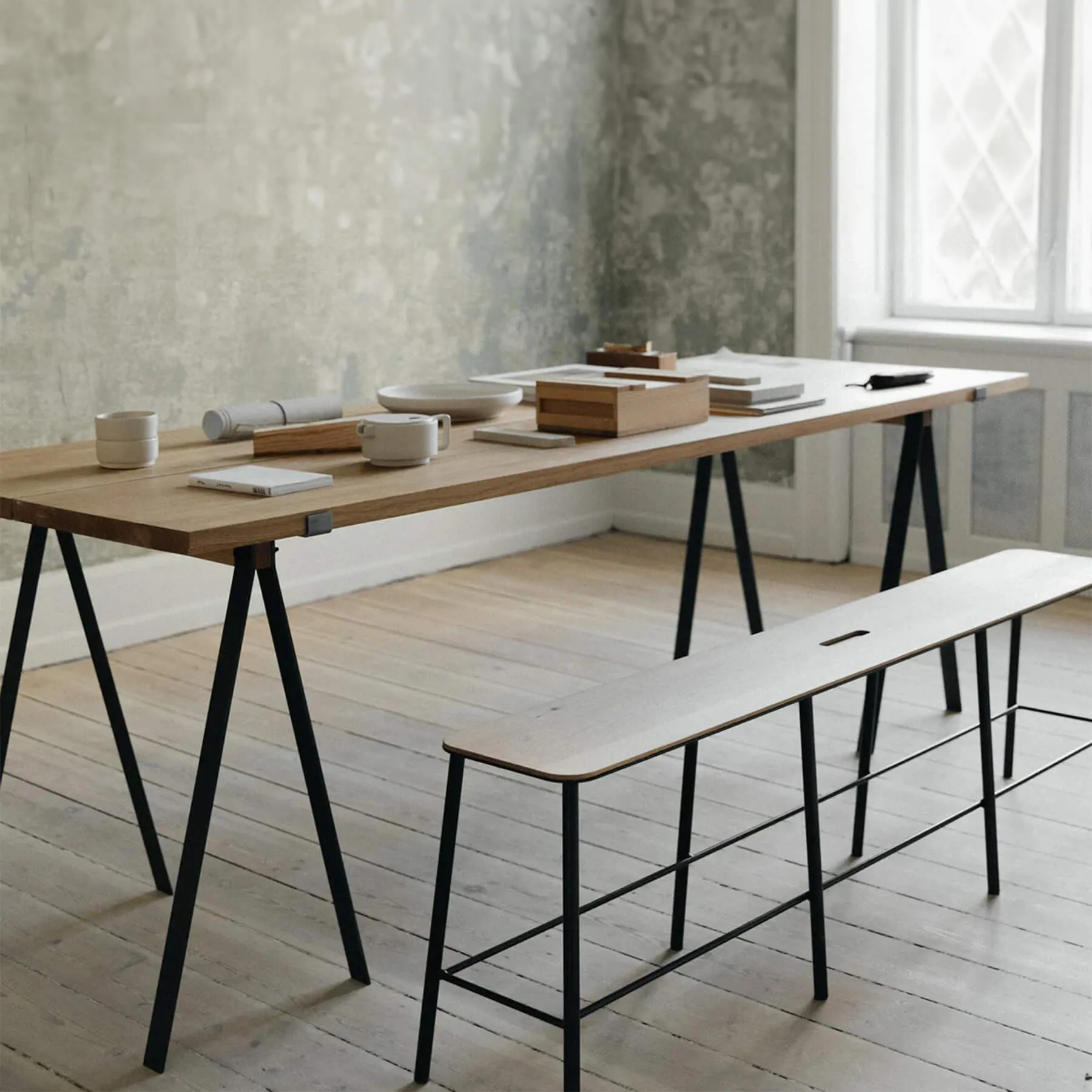 Large Bench with Handle - Black, Steel & Wood