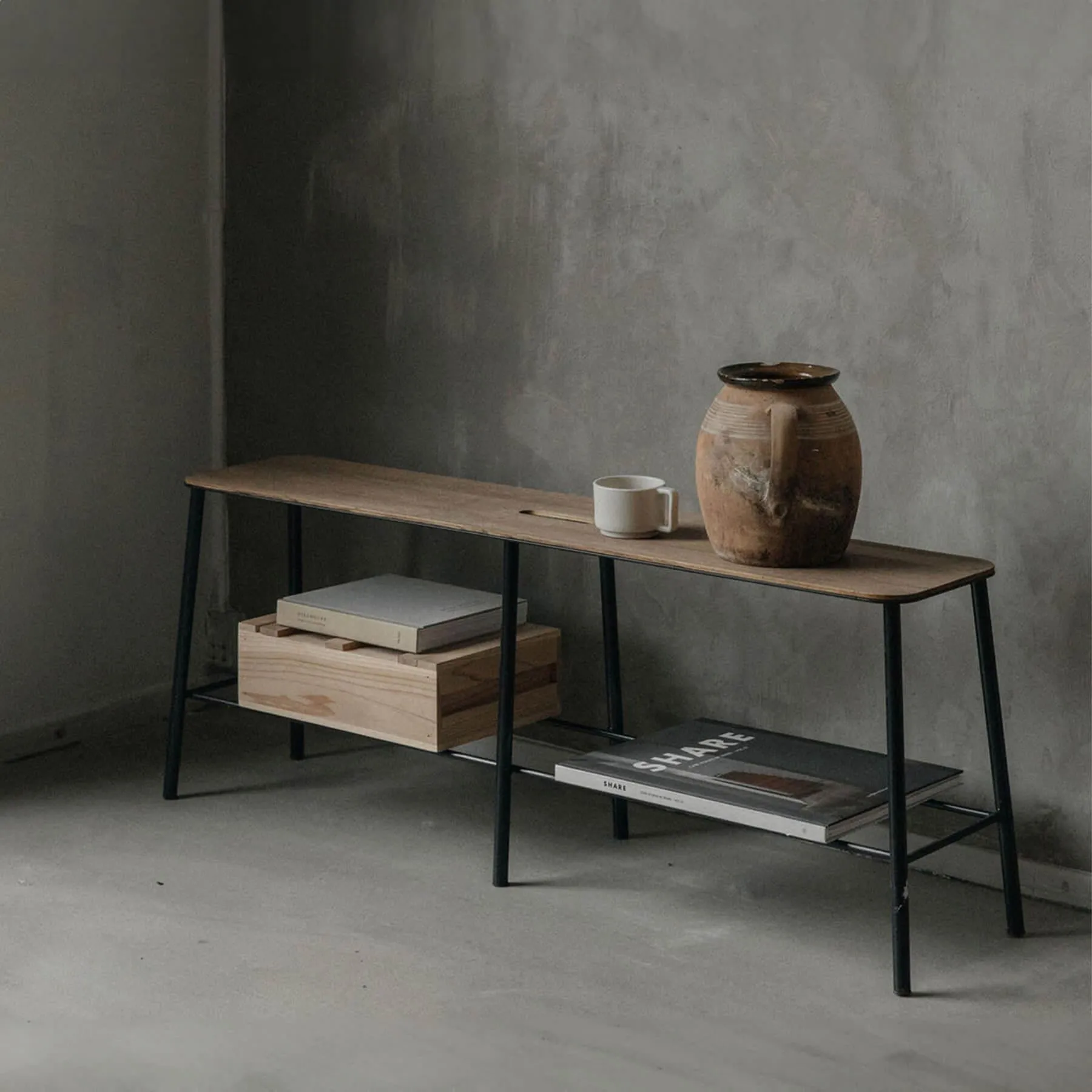 Large Industrial Bench with Black Legs - Oak