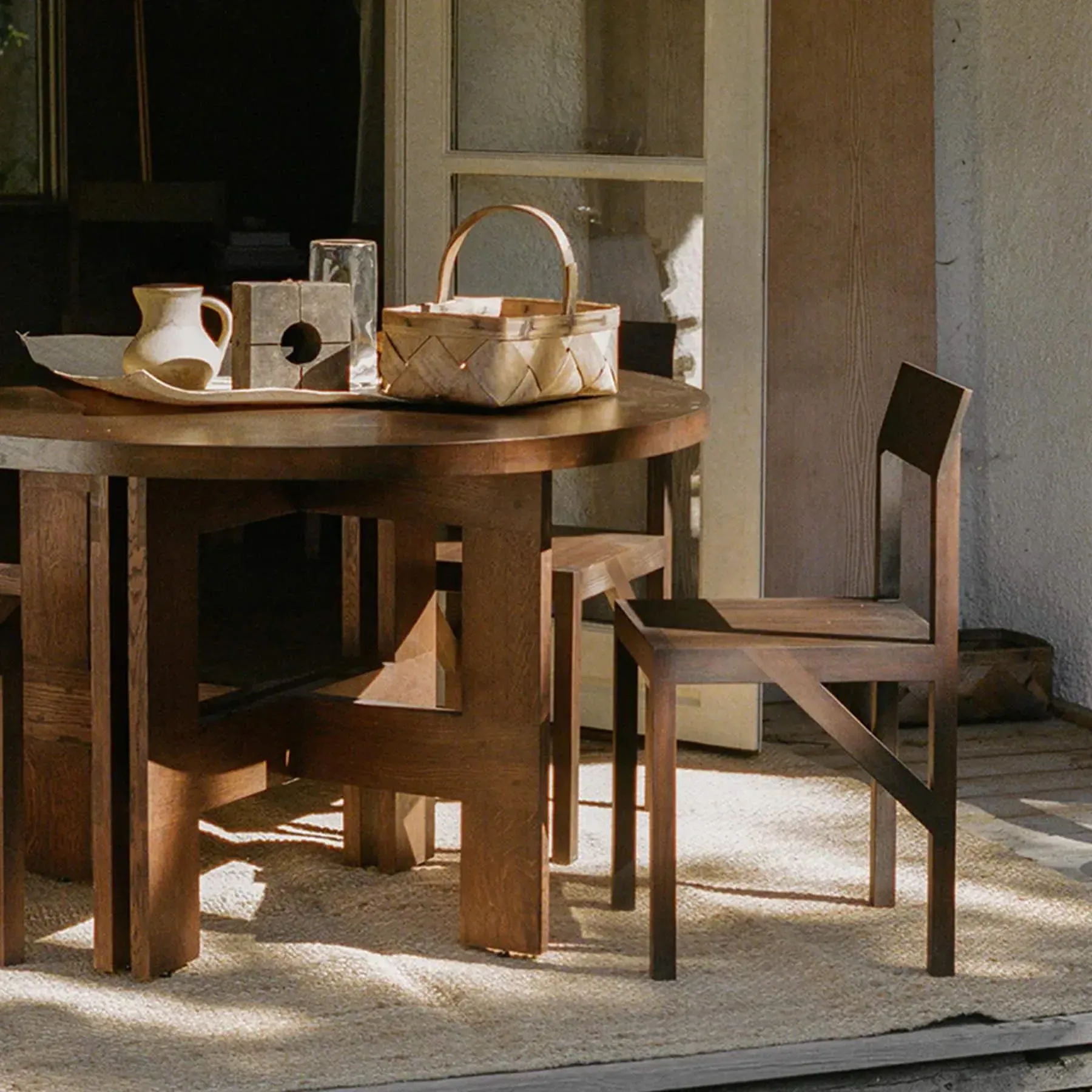 Round Dining Table with Trestle Base - Dark Oak
