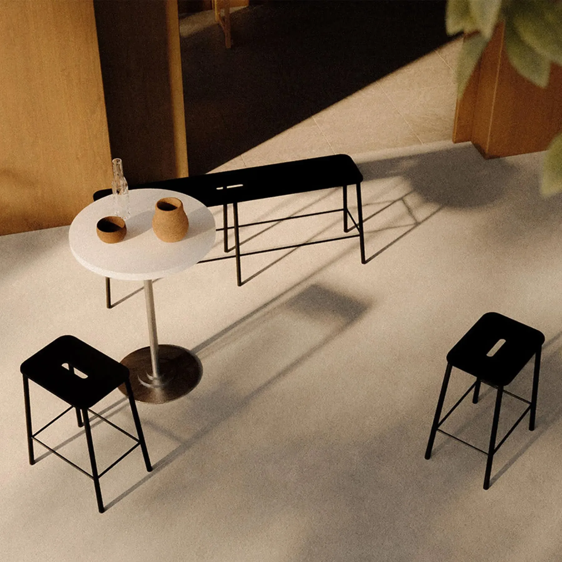 Small Bench with Handle - Black, Steel & Wood