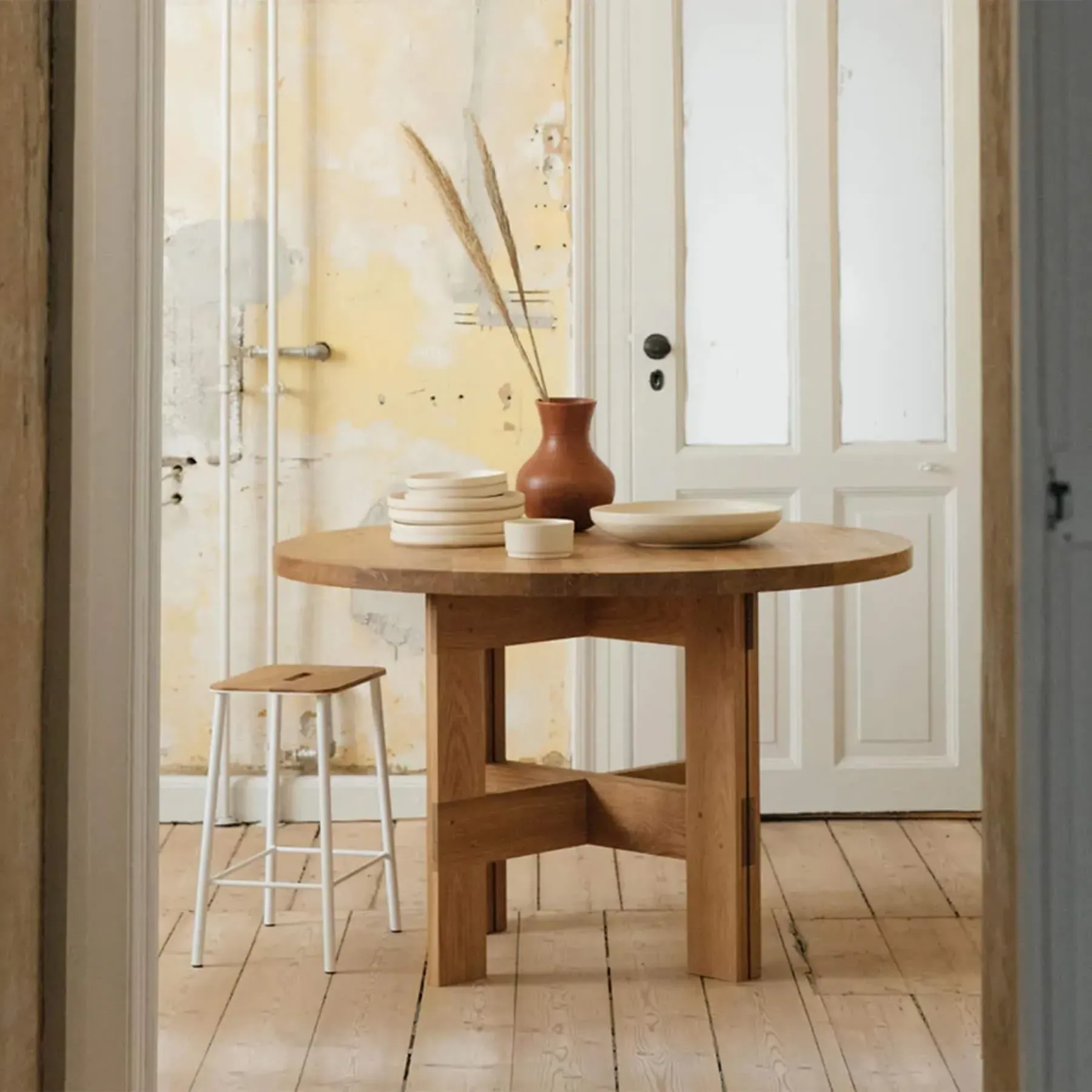 Small Round Dining Table with Trestle Base - Oak