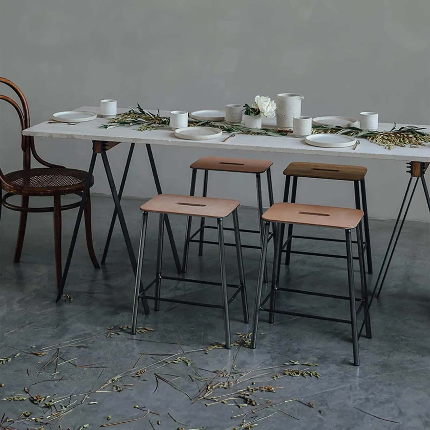 Stool with Black Legs - Anthracite, Leather