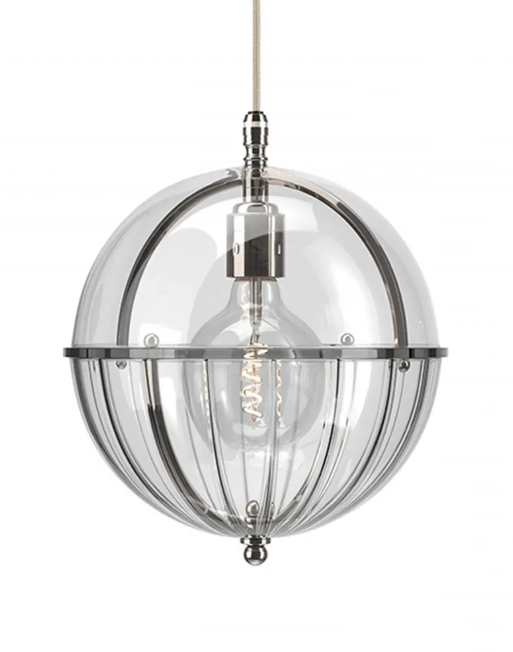 Globe Pendant Light with Ribbed Glass - Nickel
