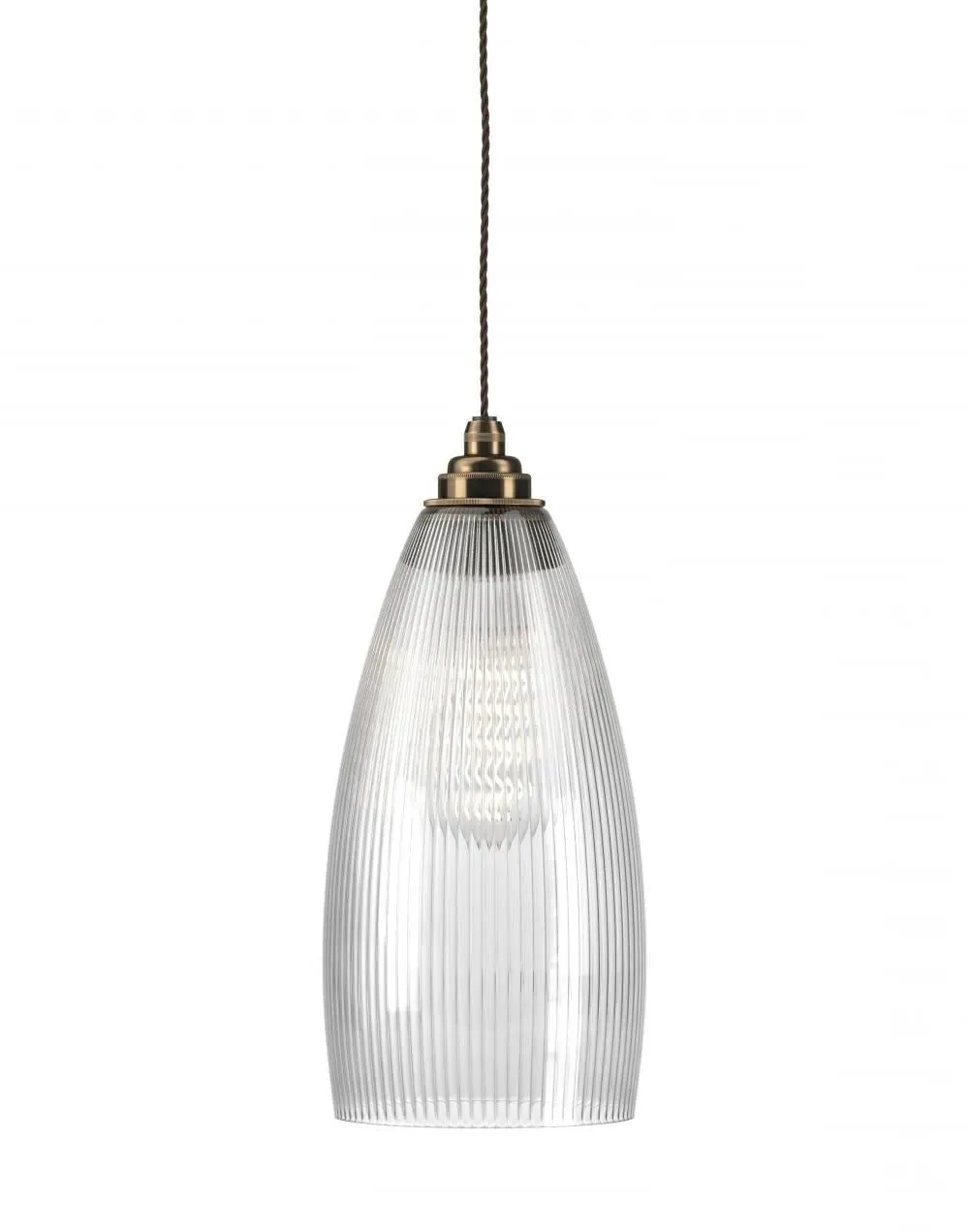 Large Pendant Light Ribbed Glass - Antique Brass