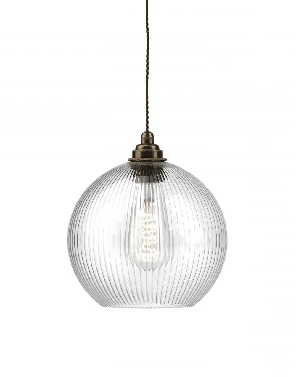 Large Pendant Light Ribbed Glass - Antique Brass