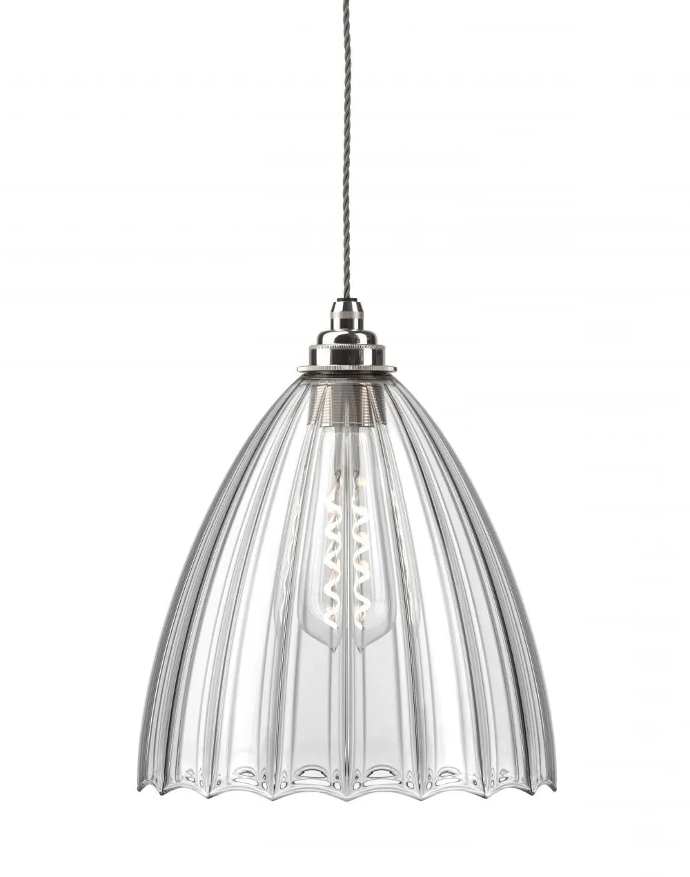 Large Pendant Light with Ribbed Glass - Nickel