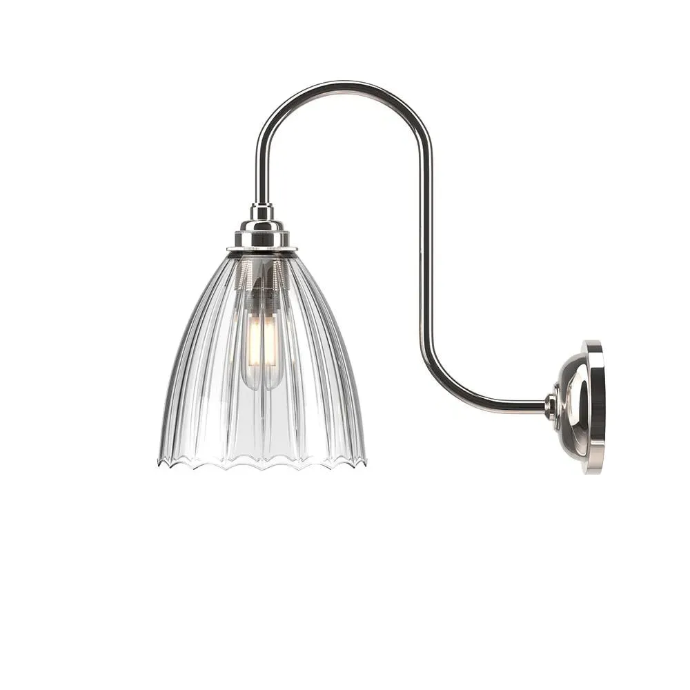 Swan Neck Wall Light - Nickel, Ribbed Glass