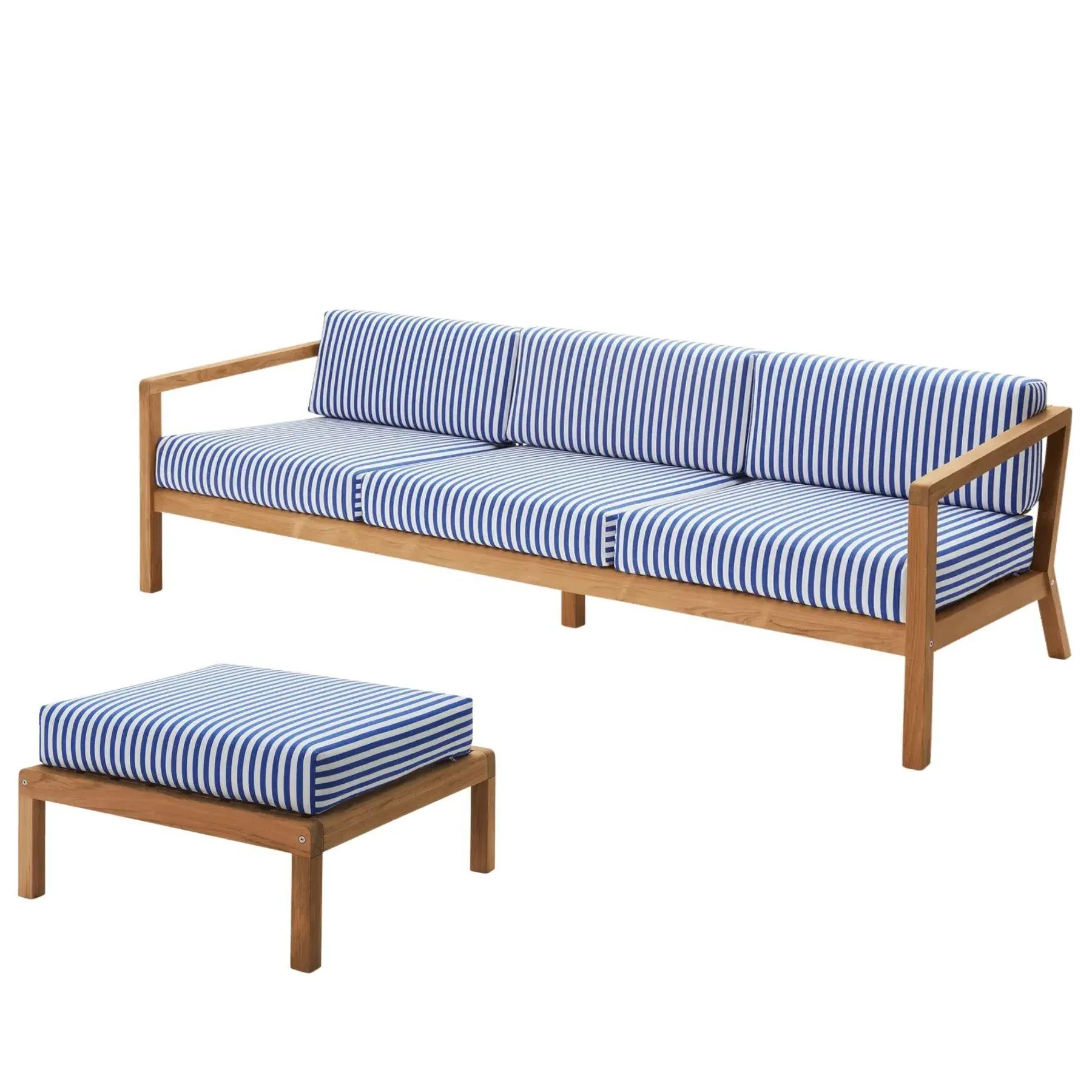 3-Seater Outdoor Sofa - Blue Stripe, Teak