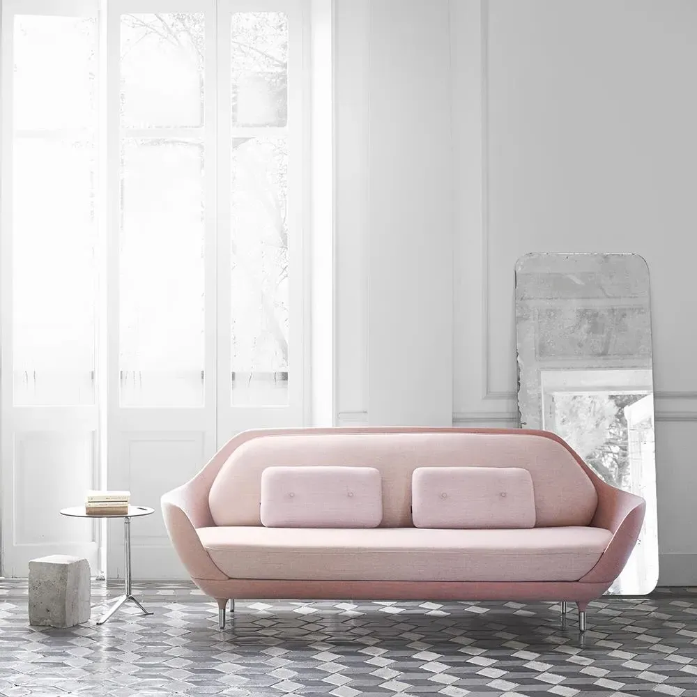 Curved Sofa with Buttons - Brown, Fabric