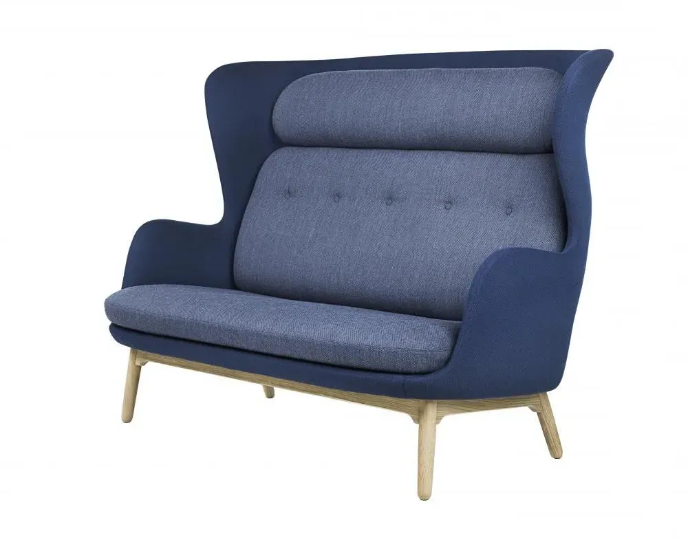 Curved Sofa with Winged Headrest - Blue, Fabric image