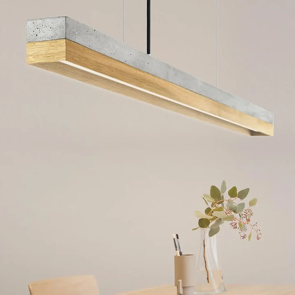 Large Linear Pendant Light - Dark Concrete, Oak