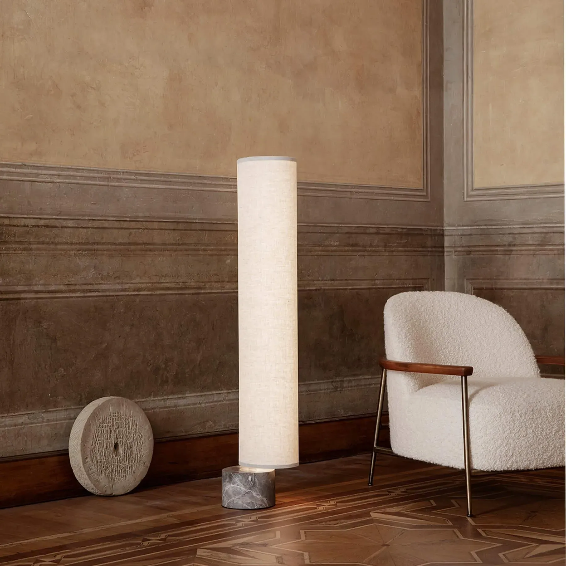 Large Floor Lamp with Marble Base - White, Linen