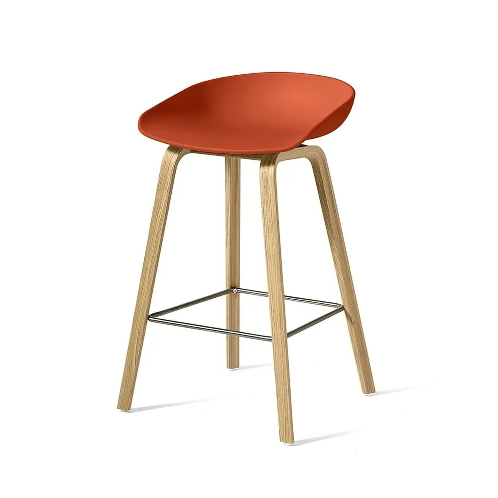 Bar Stool with Oak Base - Orange, Oak