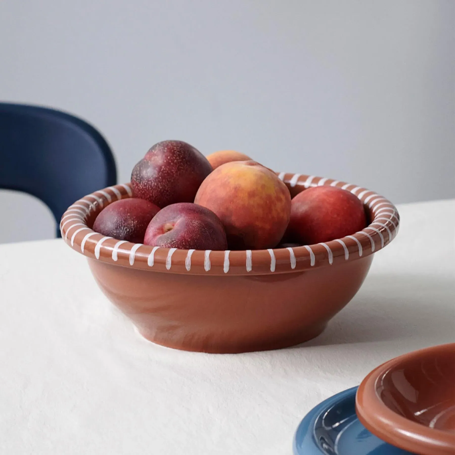 Large Salad Bowl with Stripes - Natural, Terracotta